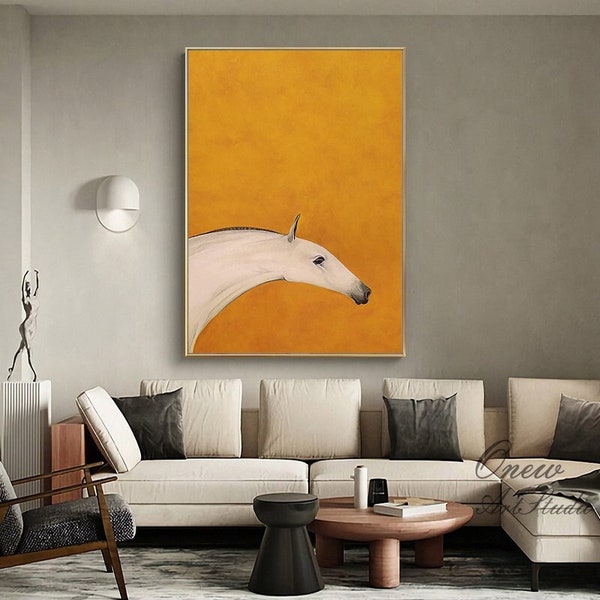 Abstract Horse Oil Painting on Canvas, Original Orange and White Canvas Wall Art, Modern Minimalist Animal Painting for Living Room Bedroom