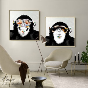 Abstract Monkey Oil Painting On Canvas, Large Original Monkey Canvas Wall Art, Modern Banksy Gorilla Wall Art for Living Room, Bedroom Decor