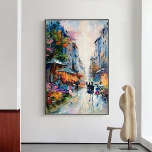Abstract stadsgezicht olieverfschilderij op canvas, origineel straatbeeld canvas muurkunst, moderne getextureerde stedelijke schilderkunst voor woonkamer, woondecoratie