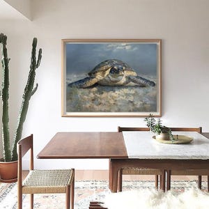 Hand painted Sea Turtle Oil Painting on Canvas, Large Impressionist Marine Turtle Canvas Wall Art, Original Animal Wall Art for Living Room