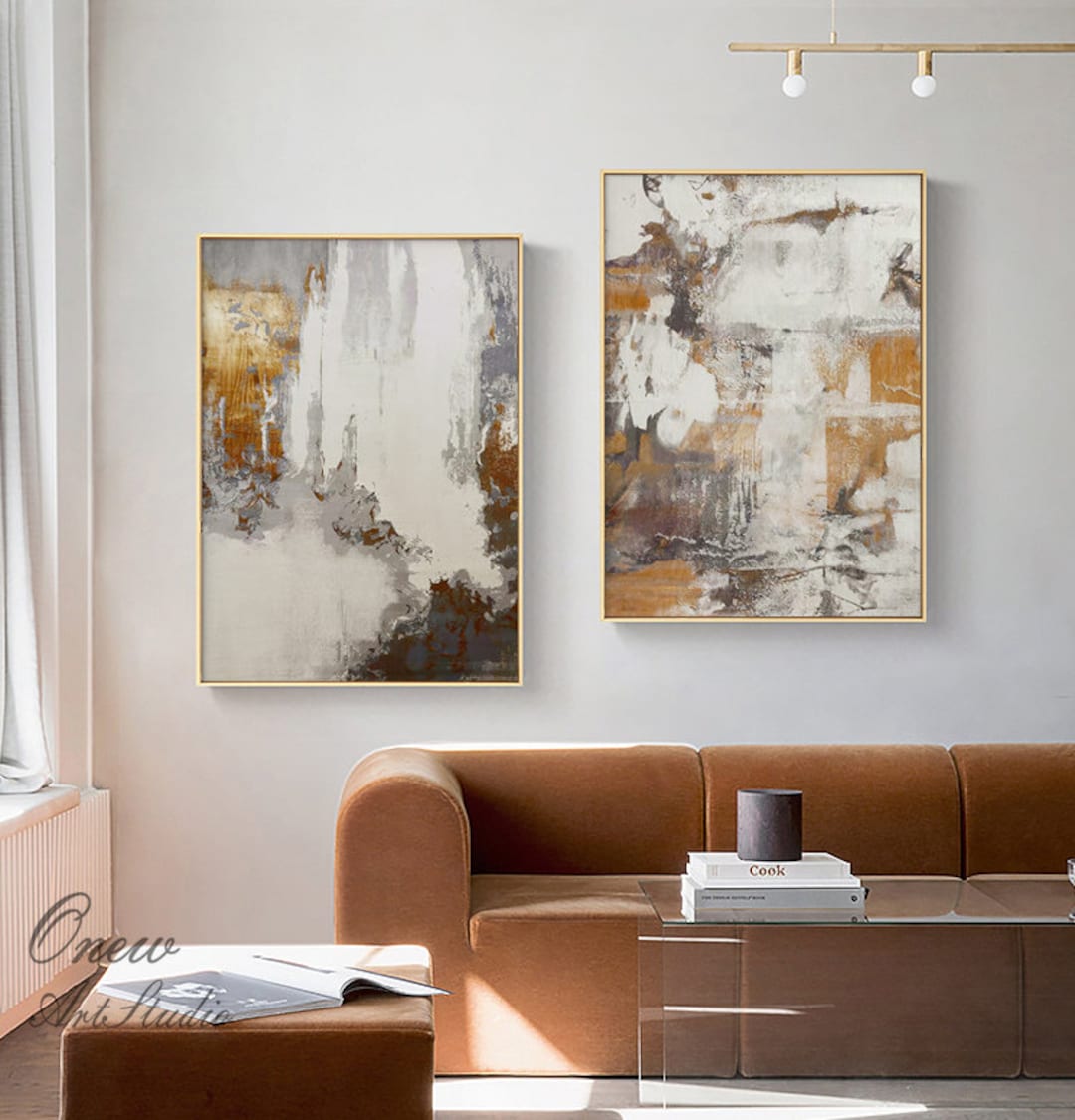 White and Brown Abstract Oil Painting on Canvas, Large Original Hand