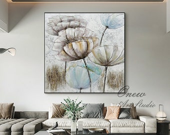 Large Abstract Flowers Oil Painting on Canvas, Original Flowers Canvas Art, Modern Textured Floral Wall Art for Living Room, Bedroom Decor