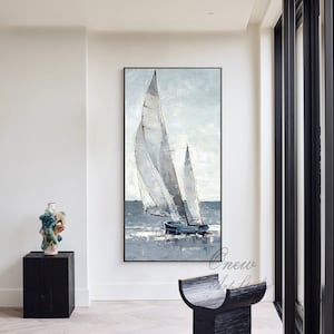 Large Abstract Sailboat Canvas Wall Art, Original Nautical Oil Painting on Canvas, Ship Painting, Modern Seascape Painting for Living Room