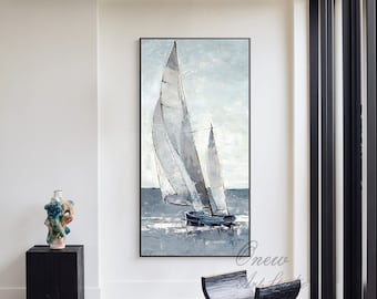 Abstraktes Segelboot Leinwandbild, Original Maritimes Ölgemälde auf Leinwand, Großes Segelschiff Wandkunst, Moderne Meereslandschaft Gemälde für Schlafzimmer