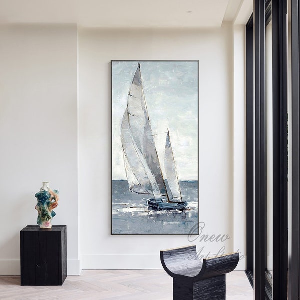 Abstraktes Segelboot Leinwandbild, Original Maritimes Ölgemälde auf Leinwand, Großes Segelschiff Wandkunst, Moderne Meereslandschaft Gemälde für Schlafzimmer