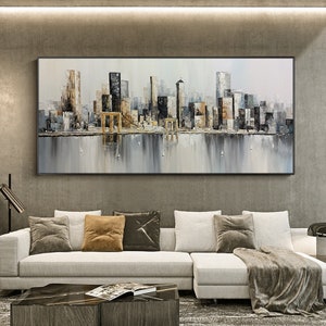 Original Brooklyn Bridge Canvas Wall Art, Abstract New York Cityscape Oil Painting on Canvas, Modern Manhattan painting for Living Room