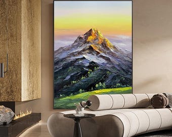 Original Mountain Oil Painting on Canvas, Large Abstract Landscape Canvas Wall Art, Golden Mountain Wall Art for Living Room, Home Décor