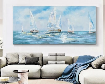 Large Abstract Sailboats Canvas Wall Art, Original Nautical Oil Painting on Canvas, Ocean Wall Art, Modern Seascape Painting for Living Room