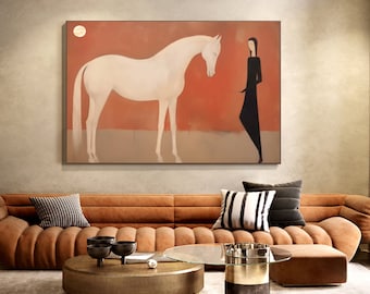 Large Abstract White Horse Oil Painting on Canvas, Original White Horse and Girl Canvas Wall Art, Minimalist Animal Wall Art for Living Room