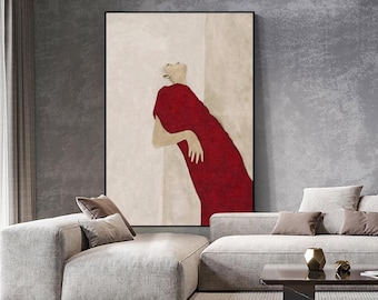 Large Abstract Lady Canvas Art, Hand-painted Woman Figure Oil Painting on Canvas, Modern Beige and Red Art for Living Room, Home Décor