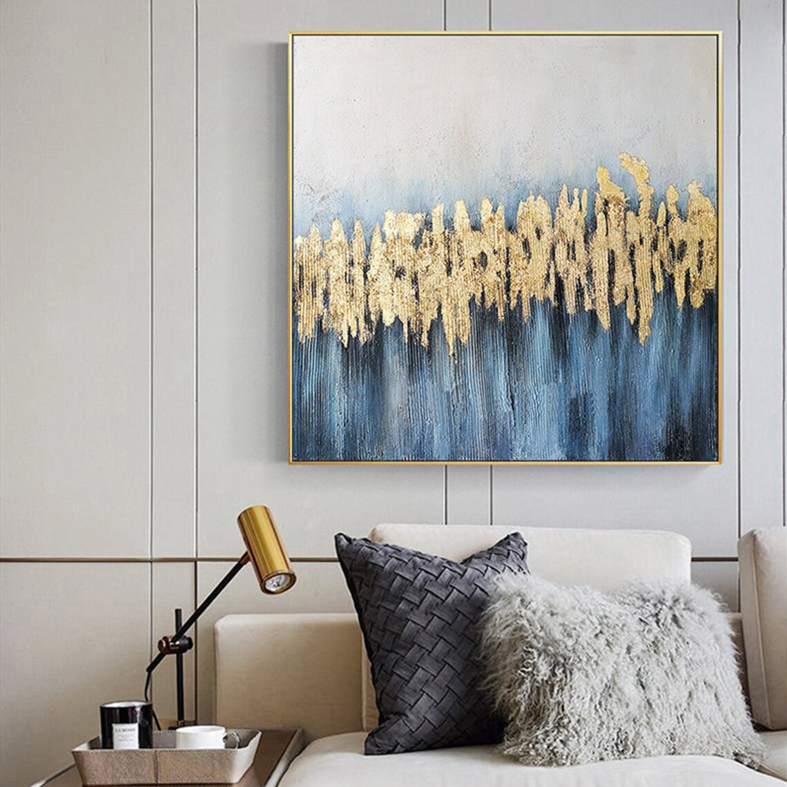 Blue and Gold Abstract Oil Painting on Canvas Large Original - Etsy