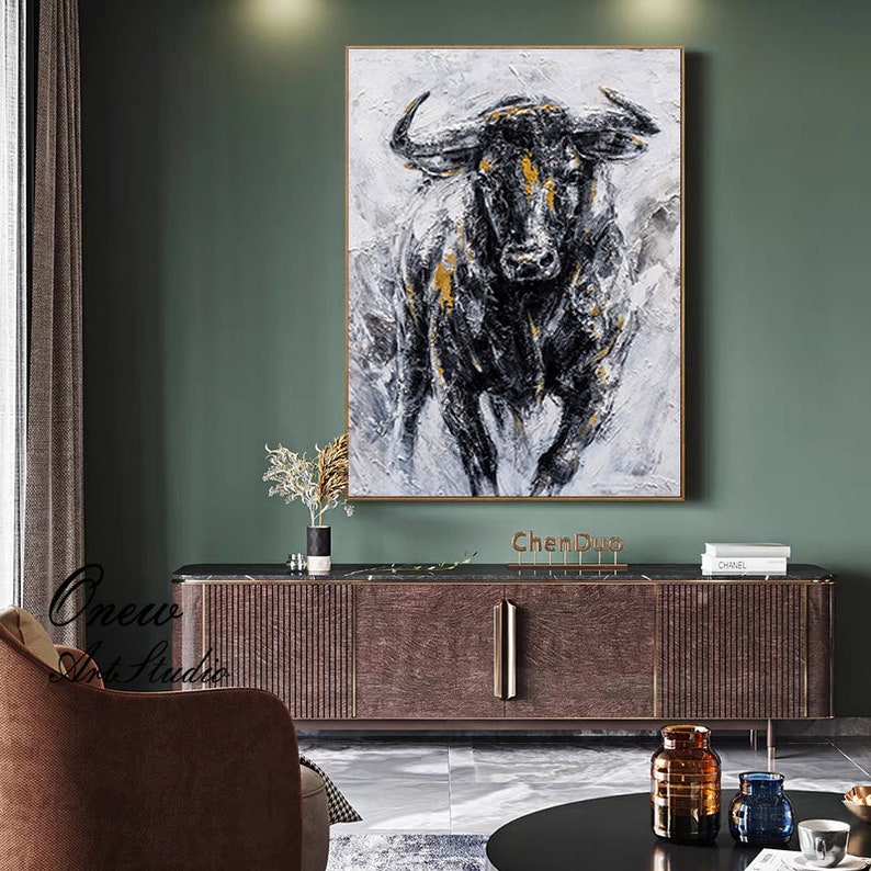 Abstract Bull Oil Painting on Canvas, Large Original Bull Canvas Wall Art, Modern Hand-painted Animal Painting for Living Room,Bedroom Decor image 4