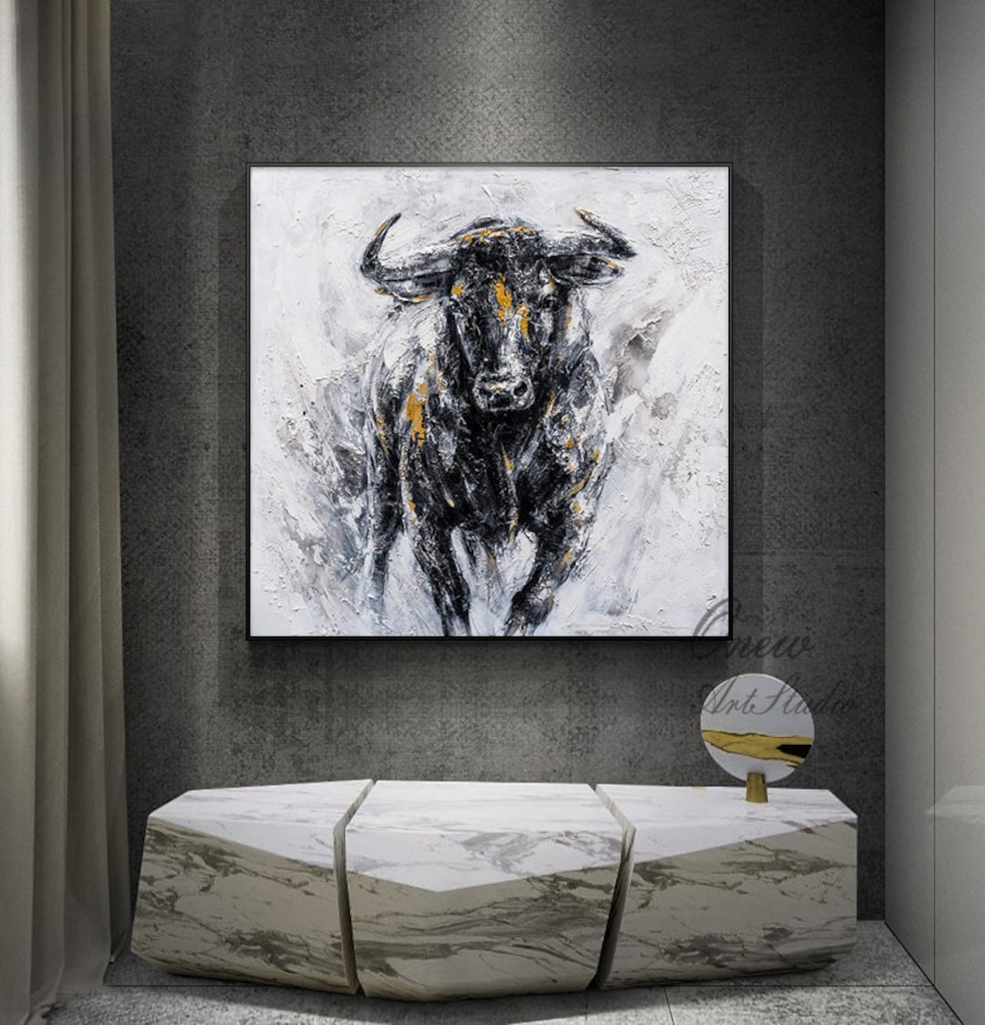 Abstract Bull Oil Painting on Canvas, Large Original Bull Canvas Wall ...