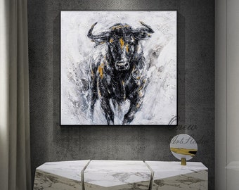 Abstract Bull Oil Painting on Canvas, Large Original Bull Canvas Wall Art, Modern Hand-painted Animal Painting for Living Room,Bedroom Décor