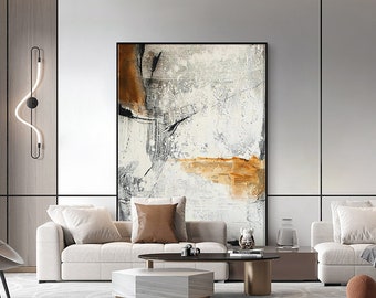 Arte da parete su tela astratta, grande dipinto ad olio originale su tela, opera d'arte minimalista moderna bianca e grigia per camera da letto, arte da parete del soggiorno