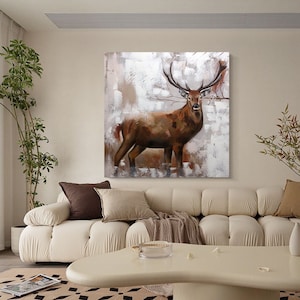 Large Abstract Deer Oil Painting on Canvas, Original Hand-painted Stag Canvas Wall Art, Modern Animal Painting for Living Room,Bedroom Décor