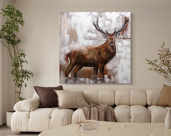 Large Abstract Deer Oil Painting on Canvas, Original and Hand-painted Stag Canvas Wall Art, Modern Animal Painting for Living Room Bedroom