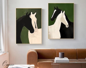 Abstract Black and White Horses Oil Painting on Canvas, Large Original Horse Canvas Wall Art, Modern Animal Wall Art for Living Room Bedroom