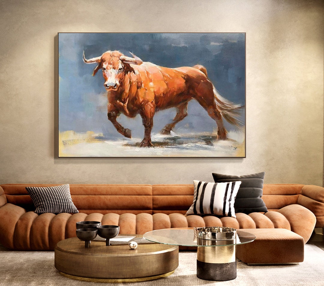 Impressionist Bull Oil Painting on Canvas, Large Original Bull Canvas