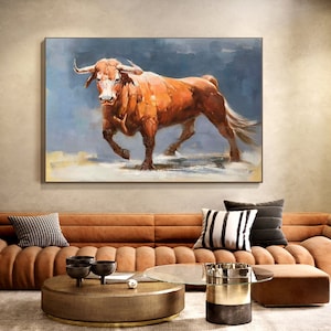 Impressionist Bull Oil Painting on Canvas, Large Original Bull Canvas Wall Art,Modern Hand-painted Animal Painting for Living Room Bedroom
