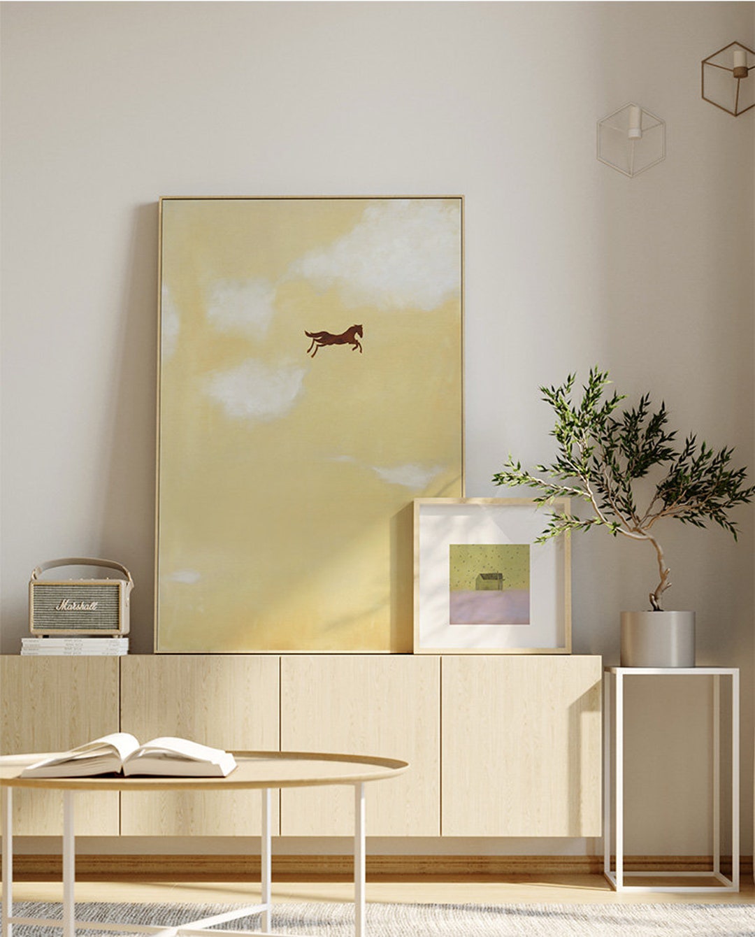 Large Abstract Cream Canvas Wall Art, Original Horse and Clouds Oil