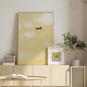 Large Abstract Cream Canvas Wall Art, Original Horse and Clouds Oil Painting on Canvas, Modern Minimalist Wall Art for Living Room Bedroom