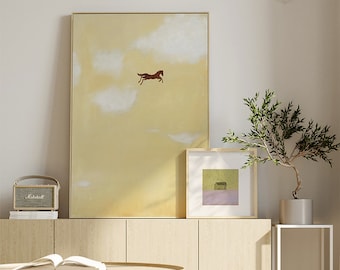 Grande tela astratta color crema, dipinto a olio originale su tela con cavalli e nuvole, moderna arte murale minimalista per soggiorno, camera da letto