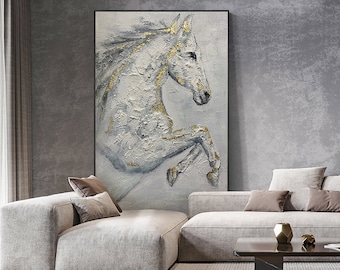 Abstract White Horse oil painting on Canvas, Original Hand-painted Horse Canvas Wall Art, Modern Animal Painting for Living Room, Home Décor