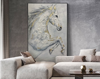 Pintura al óleo abstracta de caballo blanco sobre lienzo, Gran lienzo de caballo original Arte mural, Pintura moderna de animales para sala de estar, Decoración del dormitorio