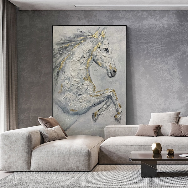 Abstract White Horse oil painting on Canvas, Large Original Horse Canvas Wall Art, Modern Animal Painting for Living Room, Bedroom Decor