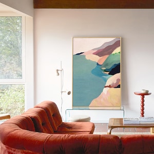 Large Abstract Landscape Oil Painting on Canvas, Original Mountain and River Canvas Wall Art, Modern Minimalist Nature Art for Living Room