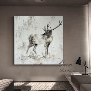 Large Abstract Deer Oil Painting on Canvas, Original Handmade Stag Canvas Wall Art, Modern Textured Animal Painting for Living Room Bedroom
