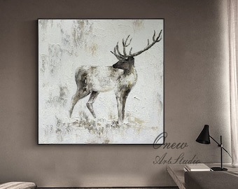 Gran pintura al óleo abstracta de ciervo sobre lienzo, arte mural original hecho a mano, pintura de animales con textura moderna para sala de estar y dormitorio.