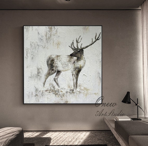 Abstract Deer Painting on Canvas,large White Stag Wall Art,original and  Handmade Oil Painting,modern Animal Painting for Living Room Bedroom - Etsy