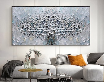 Extra Large Abstract Flowers Canvas Wall Art, Original White Flowers Oil Painting on Canvas, Modern Textured Floral Painting for Living Room