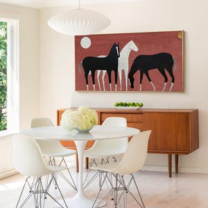 Abstract Black and White Horses Oil Painting on Canvas, Large Original Horse Canvas Wall Art, Modern Animal Wall Art for Living Room Bedroom