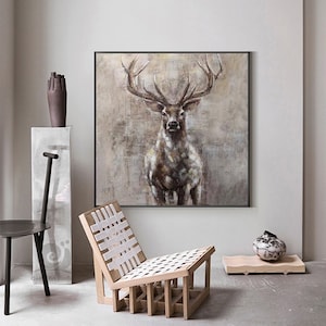 Large Abstract Deer Oil Painting on Canvas, Original Hand-painted Stag Canvas Wall Art, Modern Animal Painting for Living Room Bedroom Décor