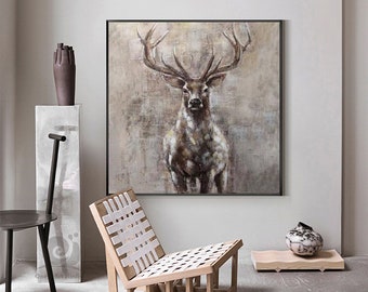 Large Abstract Deer Oil Painting on Canvas, Original and Hand-painted Stag Canvas Wall Art, Modern Animal Painting for Living Room Bedroom