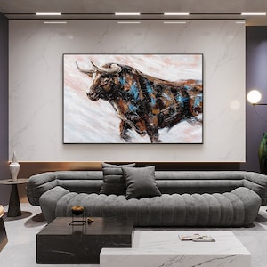 Abstract Bull Oil Painting on Canvas, Large Original Bull Canvas Wall Art, Modern Hand-painted Animal Painting for Living Room, Home Décor