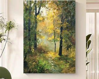 Impressionist Landscape Oil Painting on Canvas, Original Hand-painted Tree Canvas Wall Art, Modern Textured Forest Wall Art for Living Room