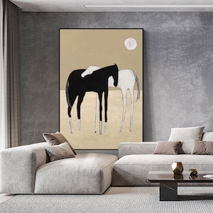White and Black Abstract Horse Oil Painting on Canvas, Large Original Horses Canvas Wall Art, Modern Minimalist Animal Art for Living Room