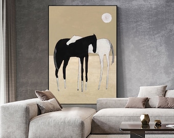 May include: Abstract painting of two horses, one black and one white, standing side by side on a beige background with a white circle in the top right corner.