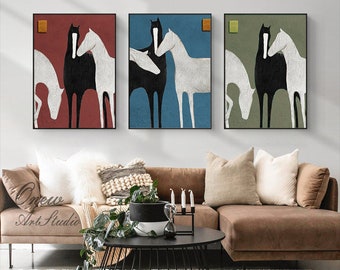 Abstract Black and White Horses oil painting on Canvas, Large Original Horse Canvas Wall Art, Modern Animal Painting for Living Room Bedroom