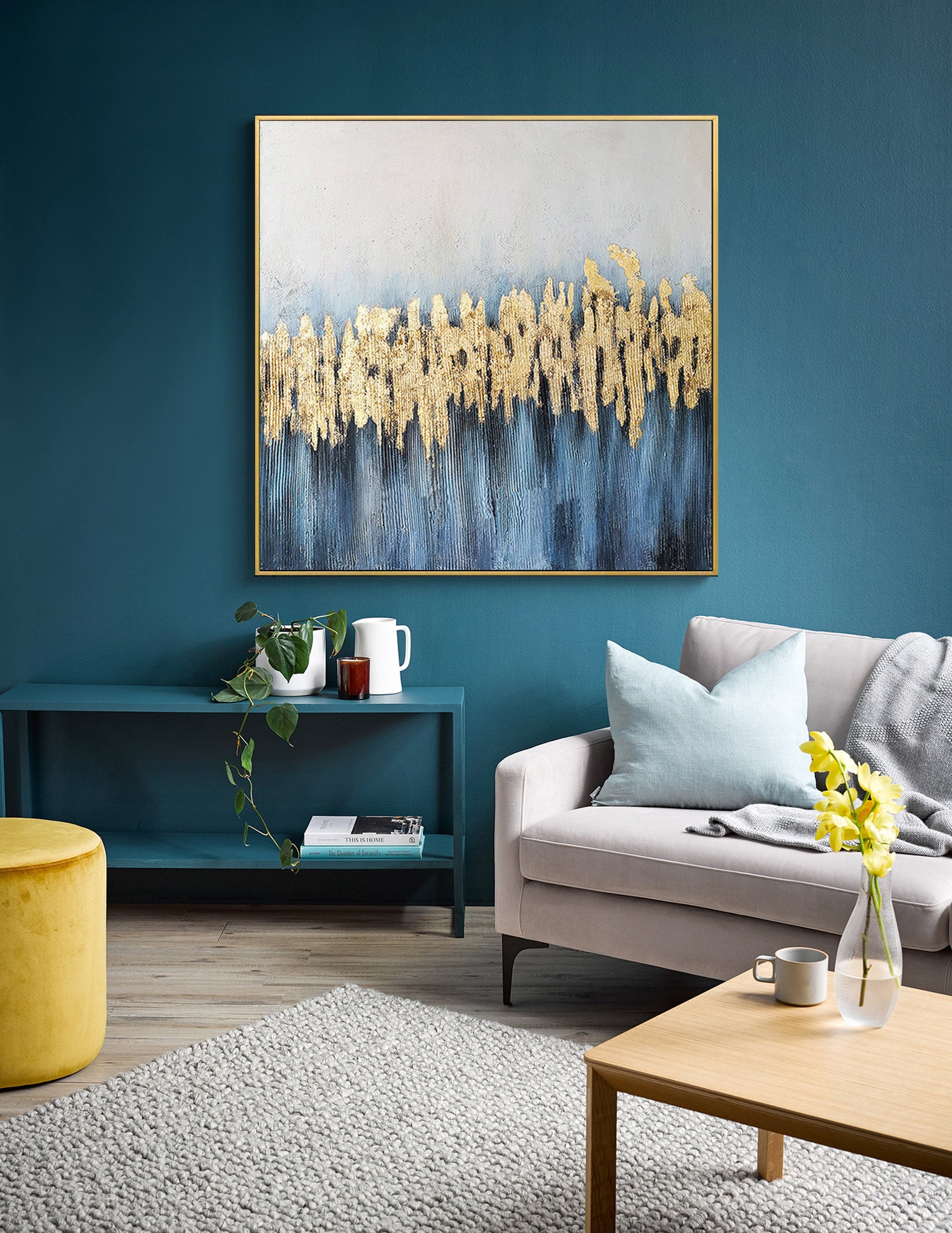 Blue and Gold Abstract Oil Painting on Canvas Large Original Etsy