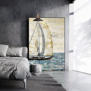 Großes abstraktes Segelboot-Ölgemälde auf Leinwand, ursprüngliche handgemalte Seelandschafts-Leinwand-Kunst, moderne nautische Malerei für Wohnzimmer
