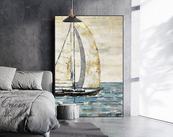 Pode incluir: Uma pintura de um veleiro com velas brancas e um detalhe dourado num oceano azul. A pintura é de estilo moderno com um efeito de pincelada texturizada.