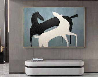 Dipinto a olio astratto di cavalli in bianco e nero su tela, grande tela originale raffigurante un cavallo, dipinto moderno di animali per soggiorno, arredamento per la casa