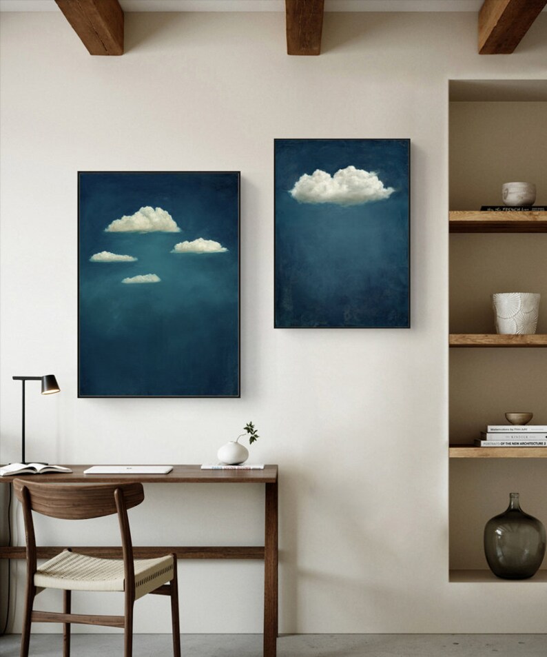 Abstract Cloud and Night Sky Oil Painting on Canvas, Original Blue and ...