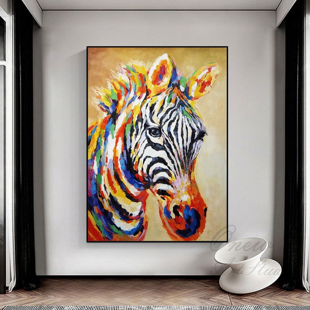 Abstract Colorful Zebra Oil Painting on Canvas, Large
