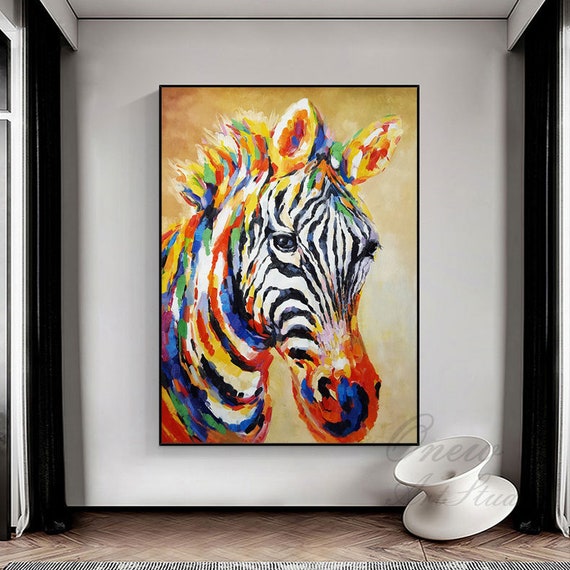 Astratto colorato Zebra Pittura ad olio su tela, Grande originale Zebra  Canvas Wall Art, Dipinto a mano di animali per bambini Soggiorno in camera  -  Italia